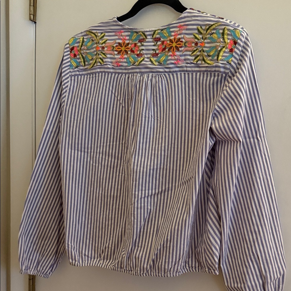 Anthropologie Blue Striped Floral Embroidered Blouse - Picture 3 of 4